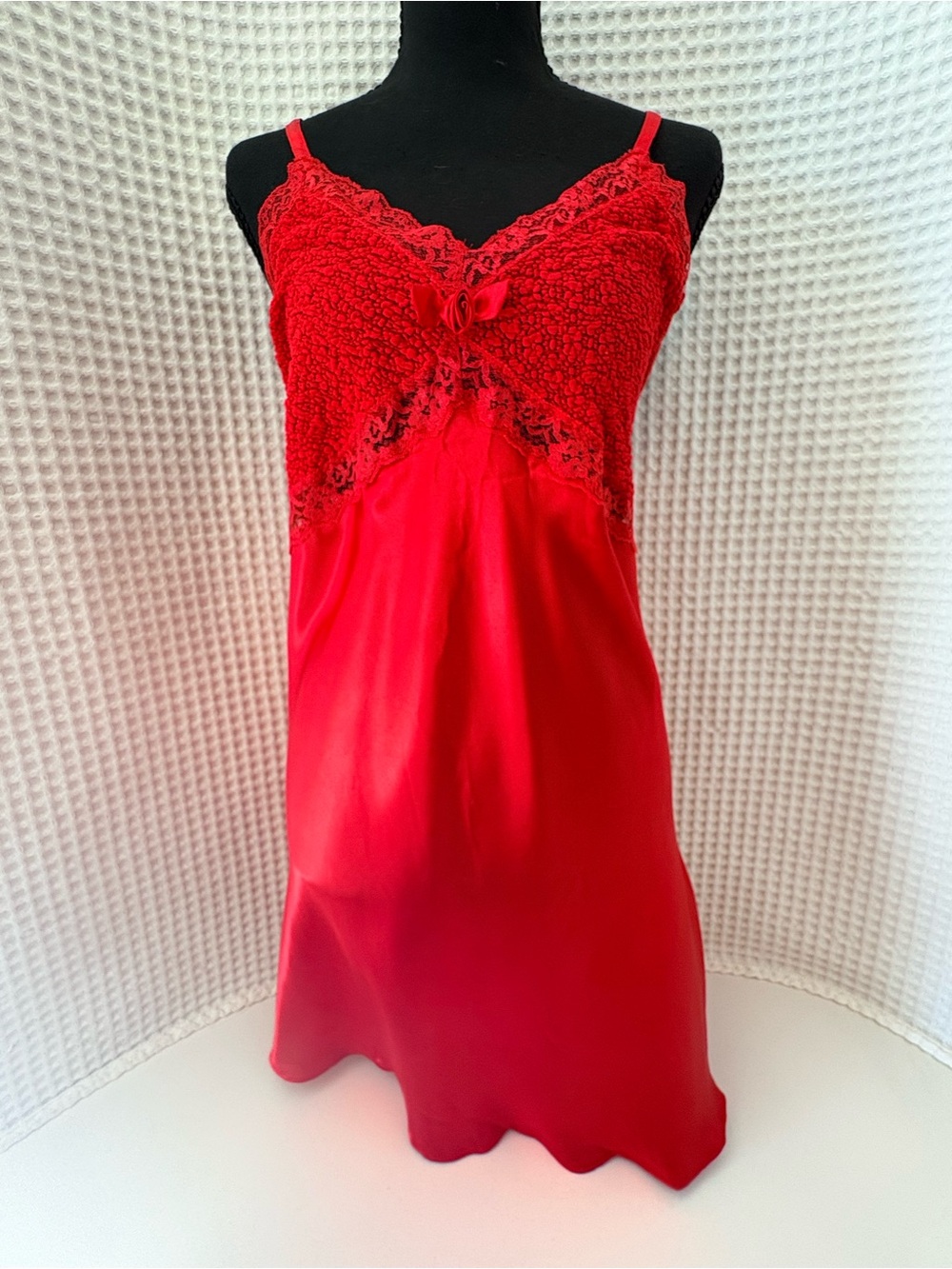 Intimate Moods- Vintage Red Satin Lingerie Chemise, Stretch Lace Bodice Coquette